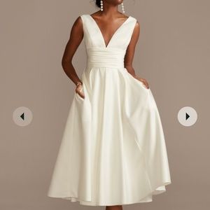 Davids Bridal/DB STUDIO  Satin V-Neck Tea Length A-Line Dress